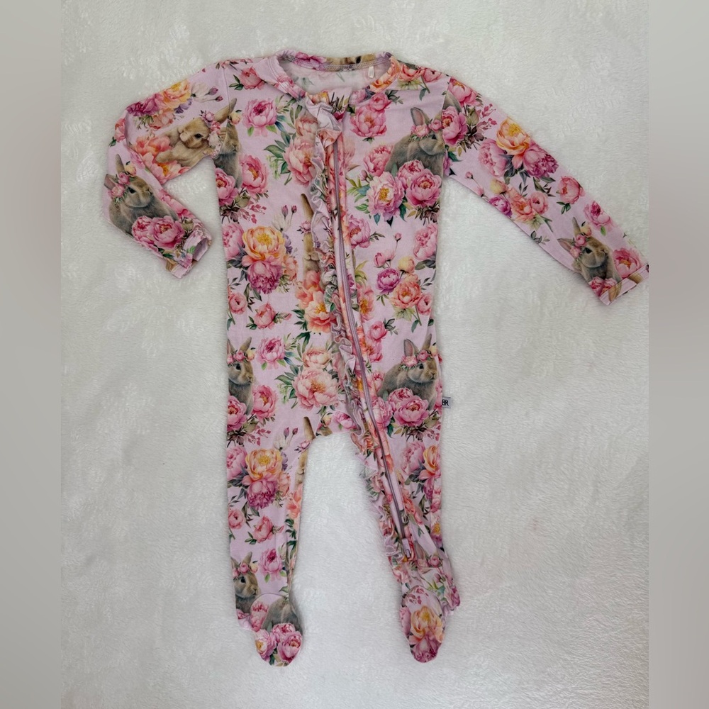 Bums and Roses 6-9m Floral Bunny Pink Baby Footie Romper